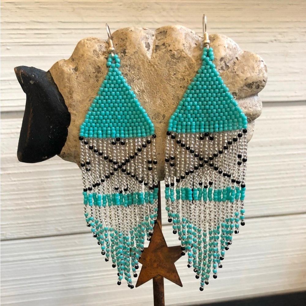 Beadwork Turquoise Silver Earrings Cowgirl Boho Jewelry Statement‎ Festival NEW